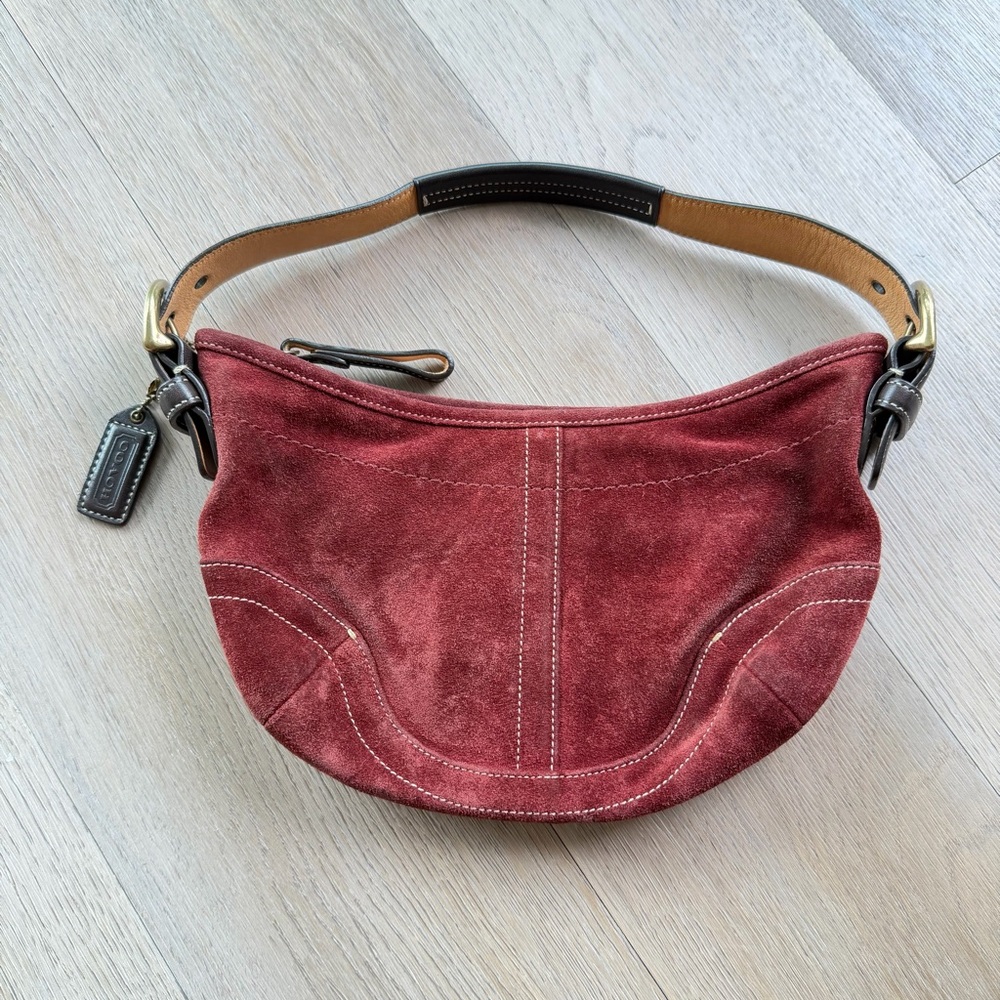 Coach Suede Shoulder Hobo Bag in Burgundy with Tan Strap